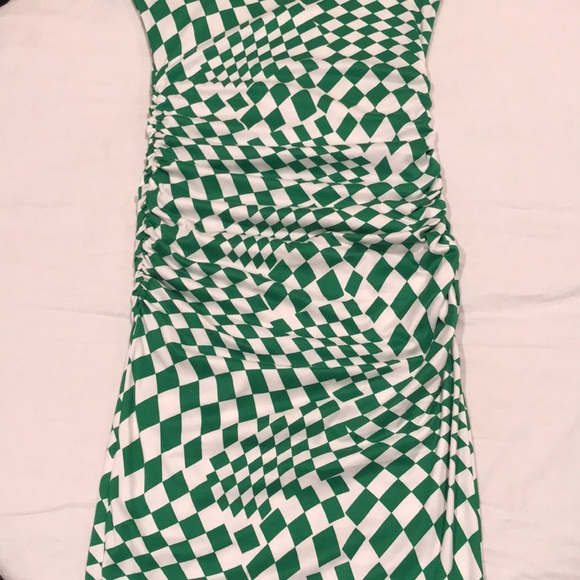 Dressed In LALA “Vibe Check Checkered Dress” Ruched Green White S - Picture 9 of 14